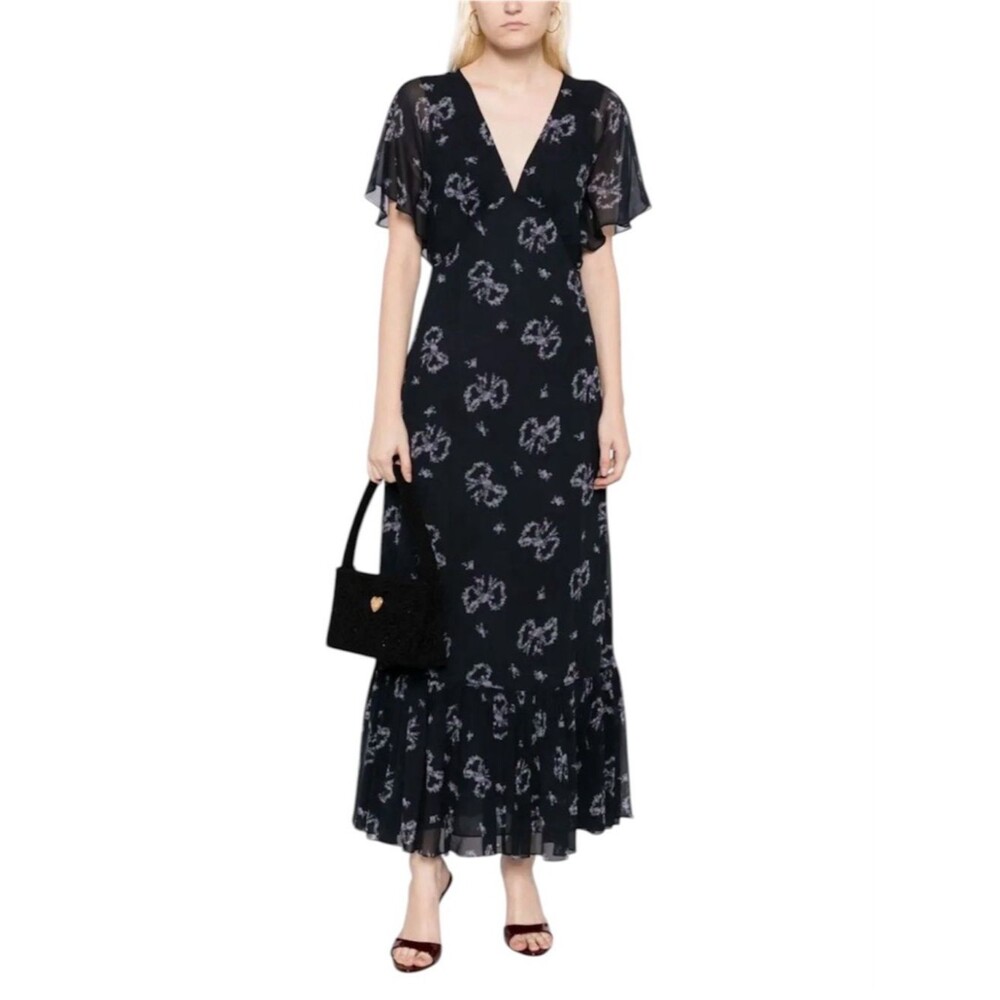 LoveShackFancy Kover Bow Print Maxi Dress Black V-Neck Ruffled Size 4